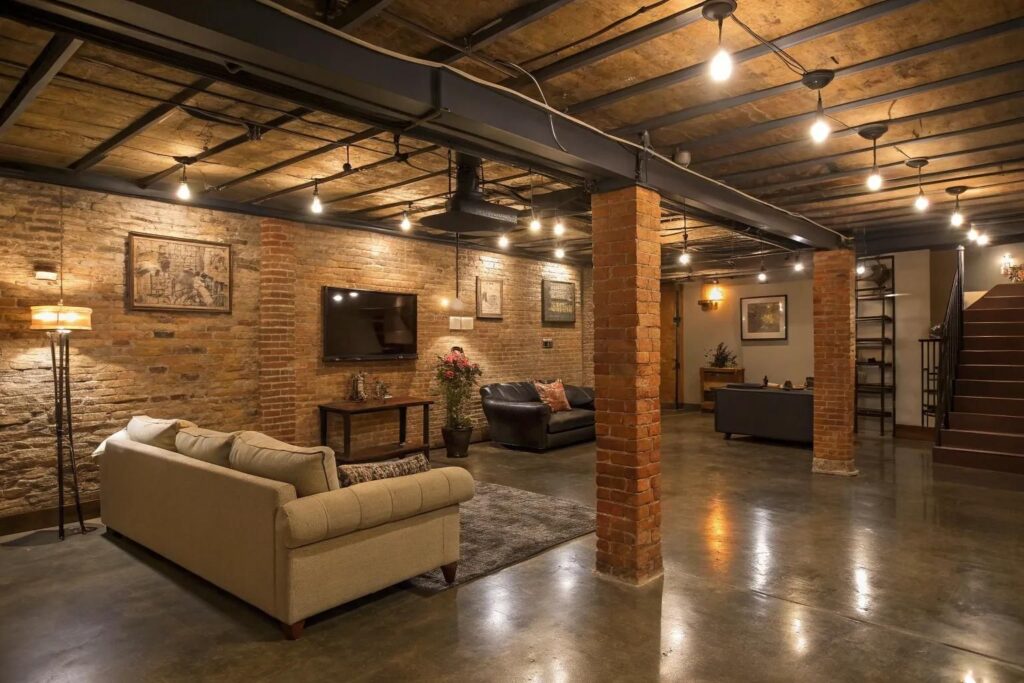 Finished basement with exposed brick walls, concrete floors, and string lights hanging from ceiling joists