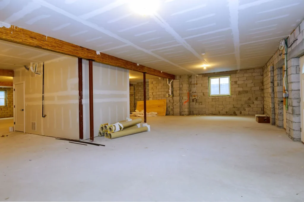 Unfinished basement under construction with drywall, concrete floors, and cinder block walls